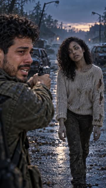 AI example of a survivor aiming at their zombie partner in the rain