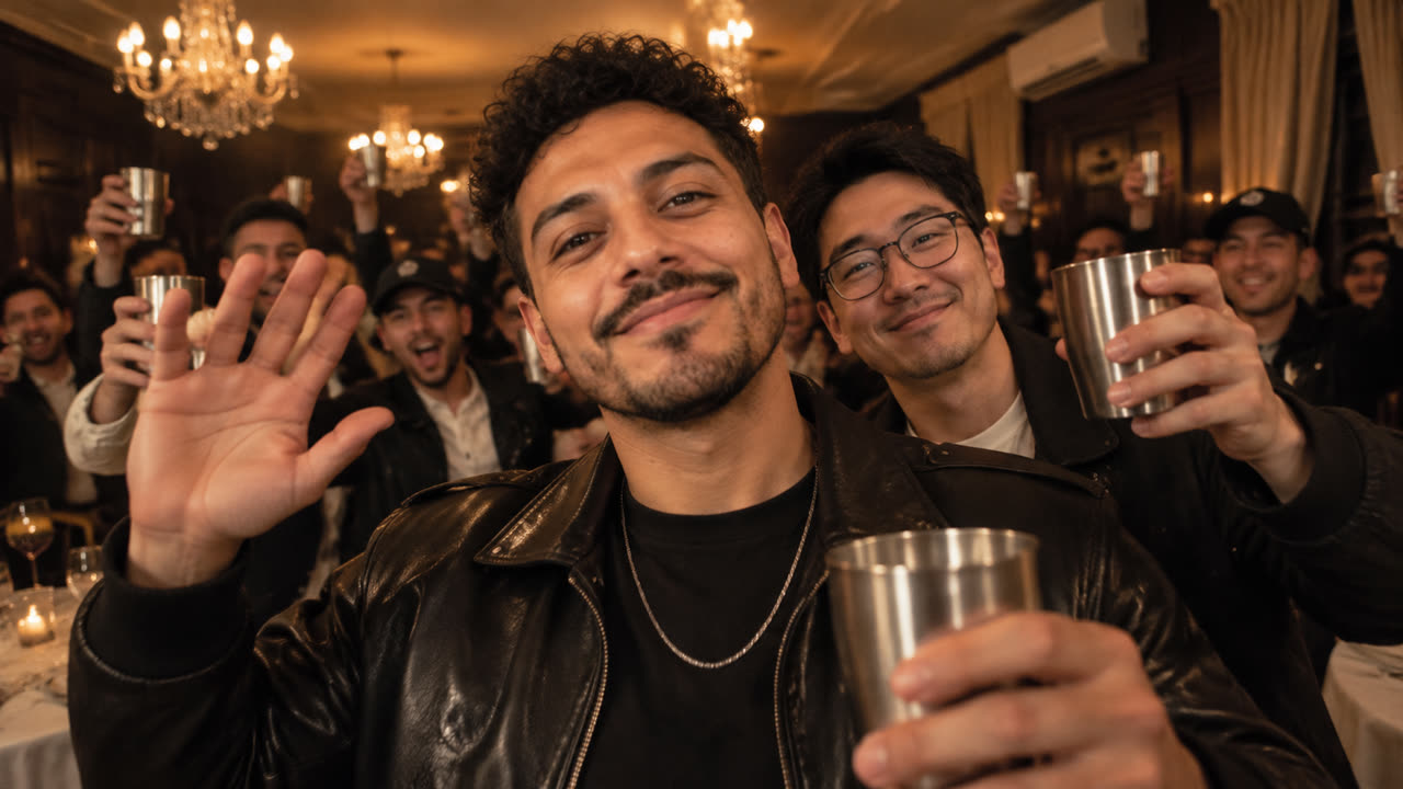 AI preview of a party host with a friend raising a silver cup behind them